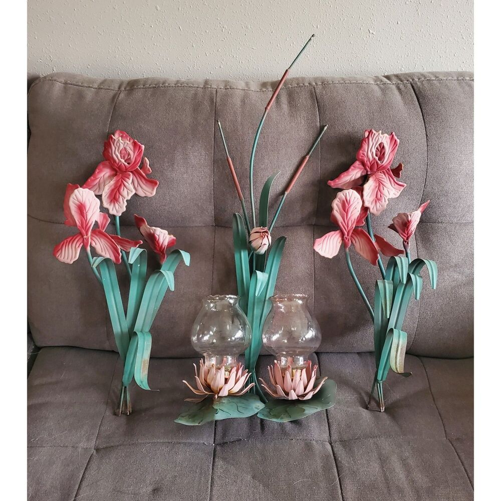 Lily Pad Cattail Lotus Candle Sconce And Metal Iris Wall Sculptures Vintage MCM